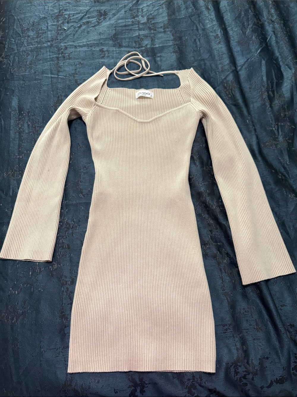 Ribbed Long-Sleeve Beige Knit Dress